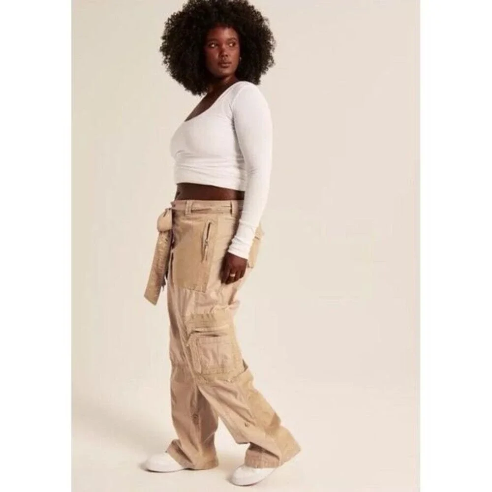 Abercrombie & Fitch Cargo Pants Womens 16R Tan Patchwork Corduroy Utility Belted - Picture 1 of 5